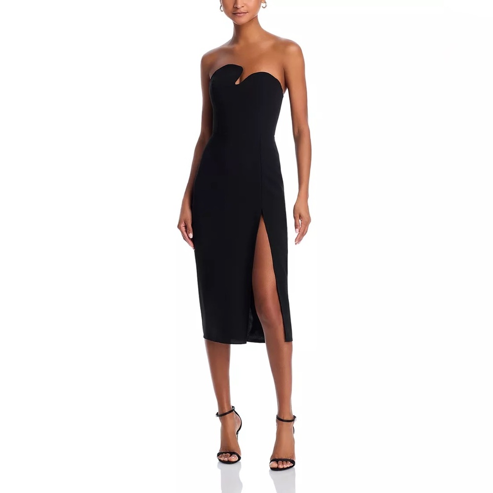 Amanda Uprichard Black Strapless Midi Dress with Side Slit